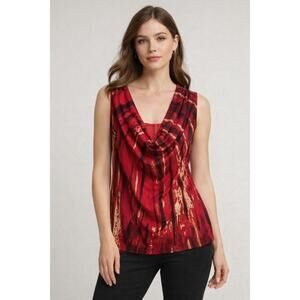 Calvin Klein Red Abstract Print Drape Neck Sleeveless Top Women’s Large
